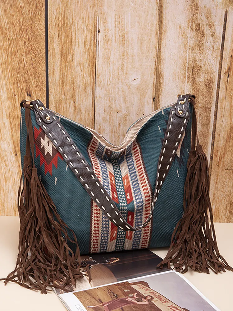 Women's Retro Ethnic Style Printed Tassel Shoulder Bag