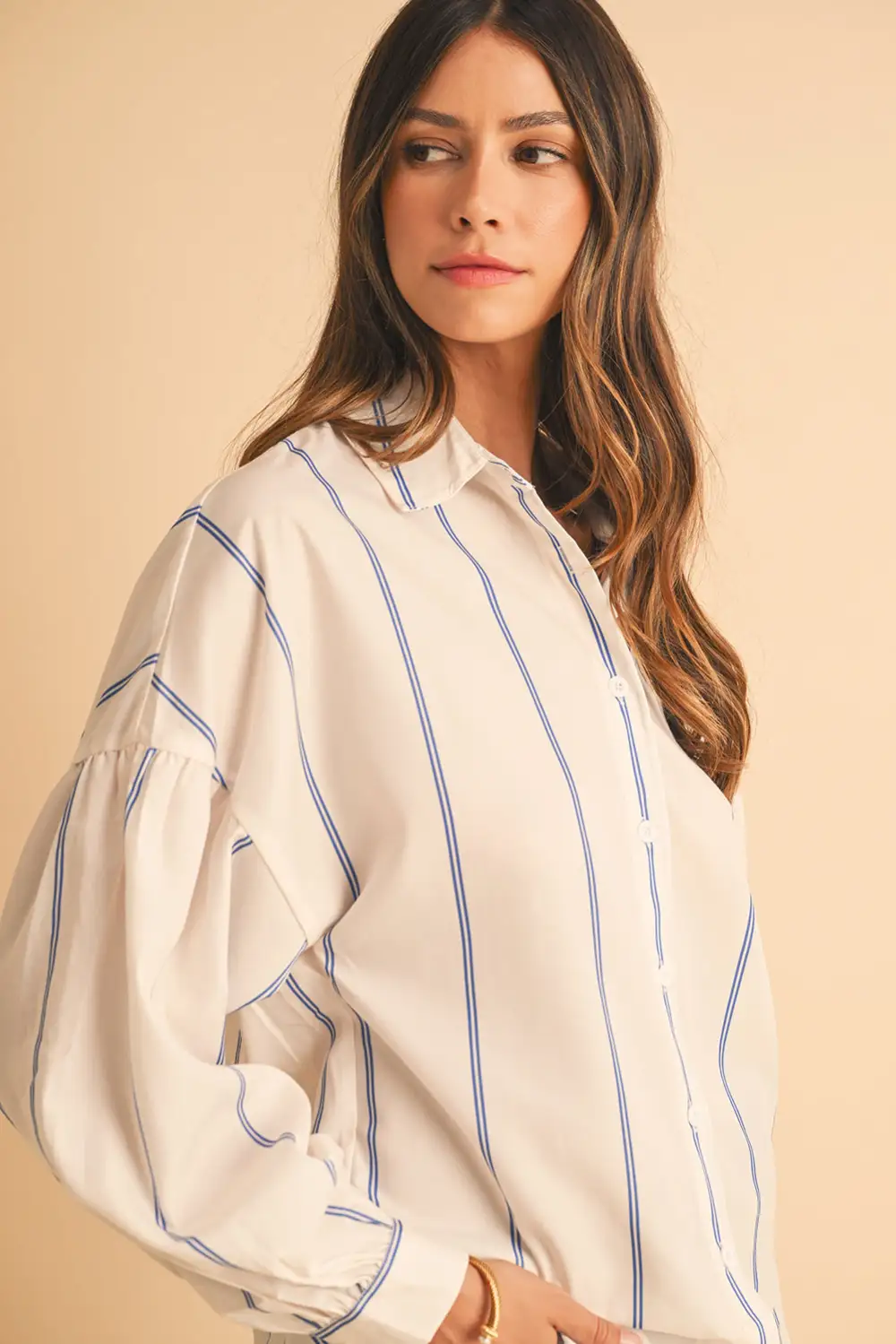 Sky Blue Stripe Drop Shoulder Bubble Sleeve Loose Shirt