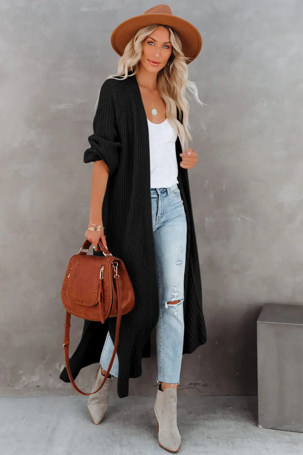 Open Front Side Slit Duster Knit Cardigan