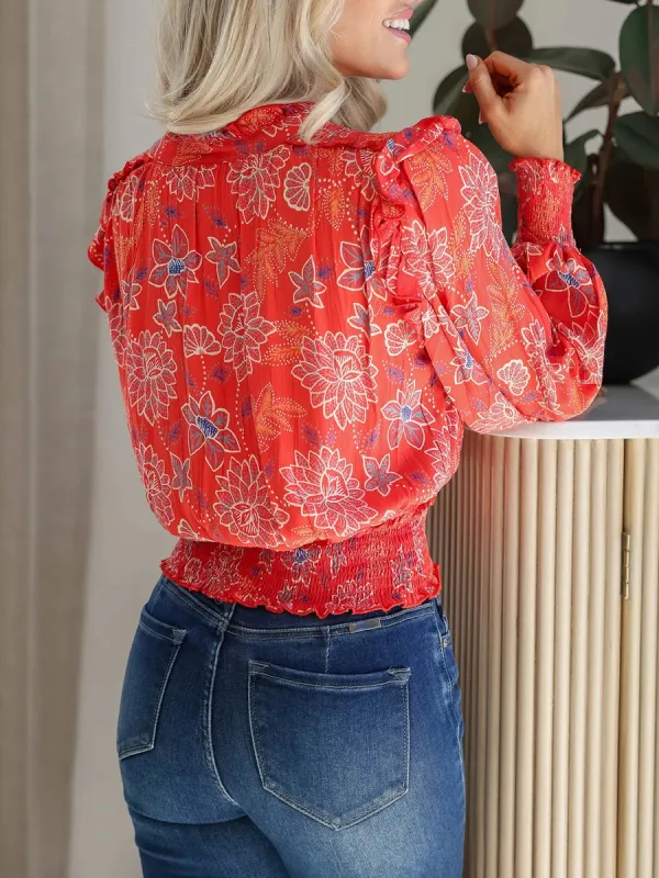 Red floral pattern bubble sleeve pleated top