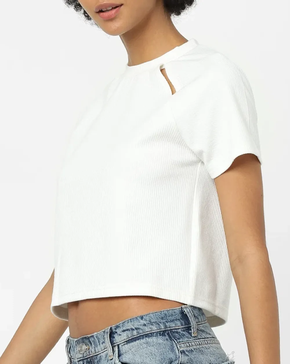 Brown Cut-Out Knit Cropped T-shirt