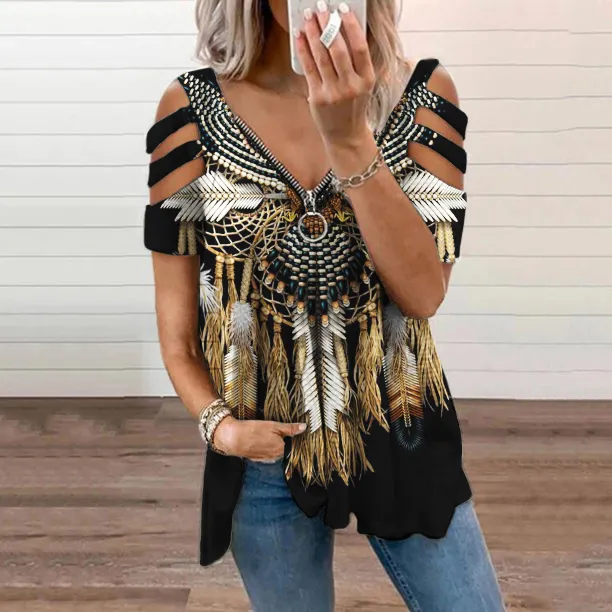 Western Geometry Print Cutout Shoulder Zip T-Shirt