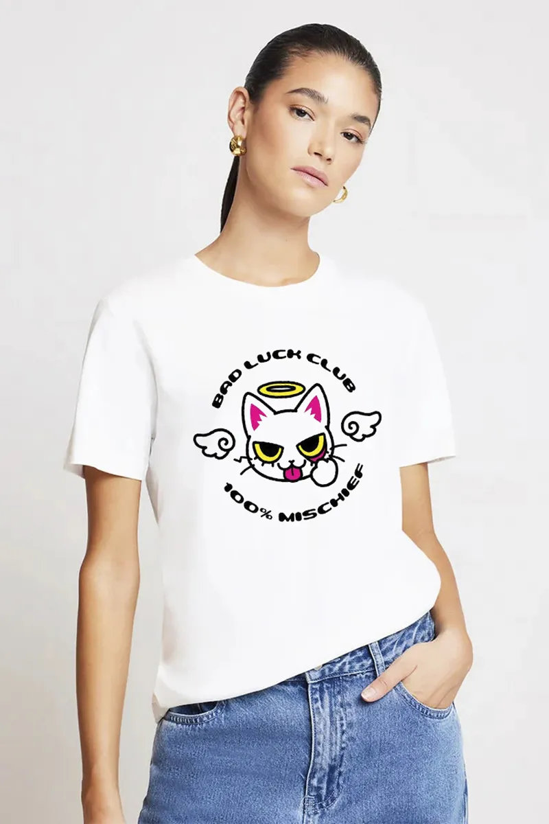 Women's Cartoon Cat Letter Printed T-shirt