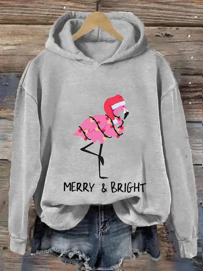 Women's Merry And Bright Christmas Flamingo Print Casual Hooded