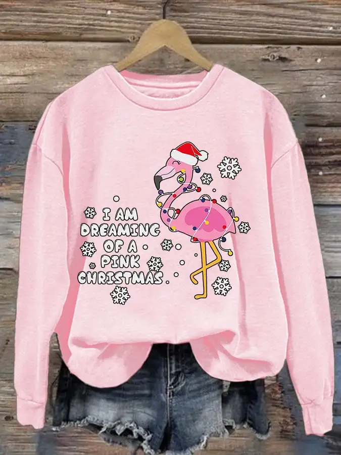 Women'S Casual I Am Dreaming Of A Pink Christmas Printed Long Sleeve Sweatshirt