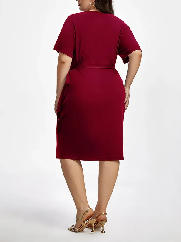 Plus Plain Crisscross Ruched Wrap Party Midi Dress