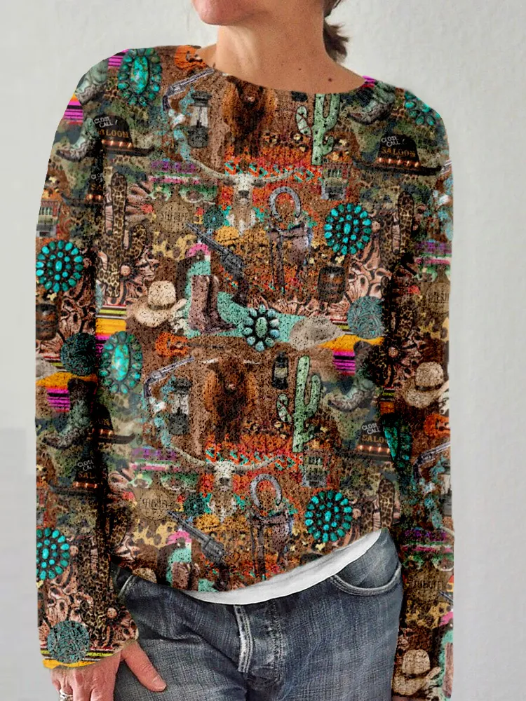 Vintage Western Collage Art Cozy Sweater