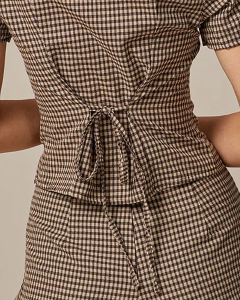 The Brown Lapel Plaid Short Sleeve Blouse