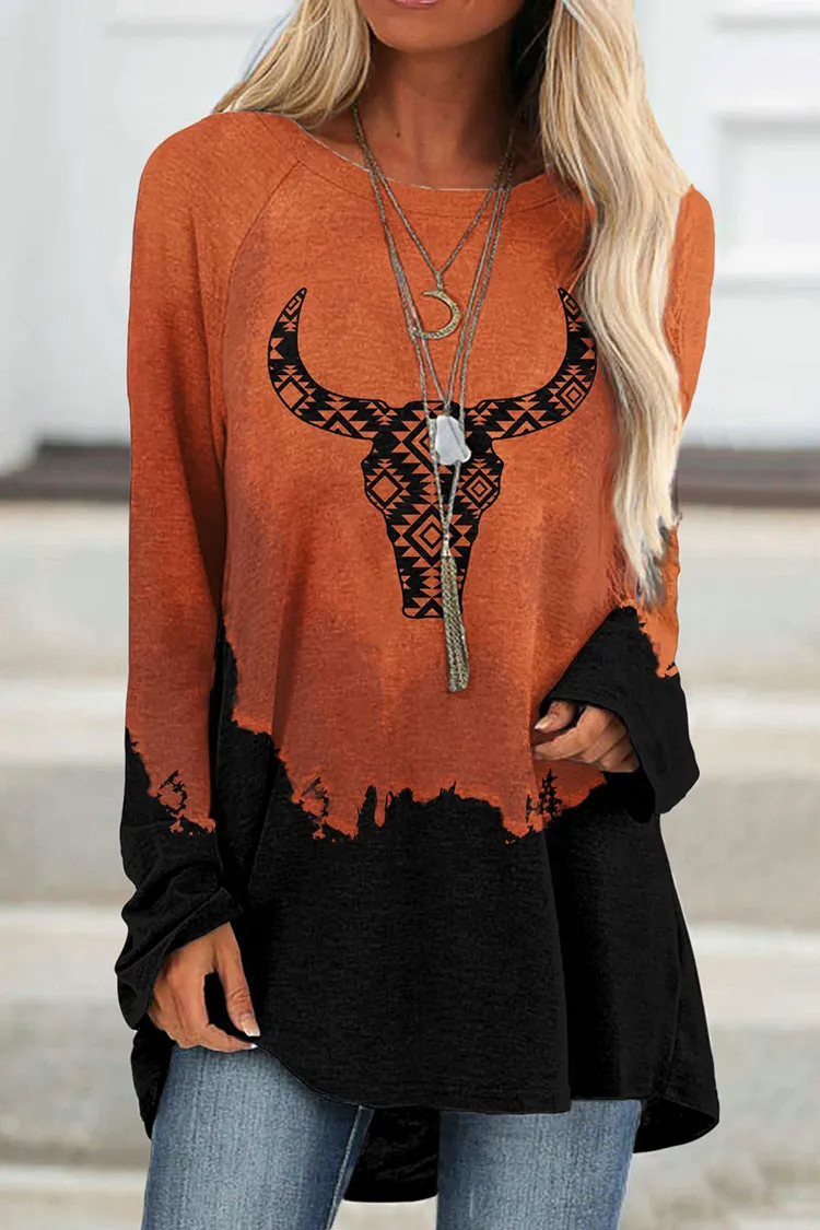 Western Print Crew Neck Long Sleeve Tunic