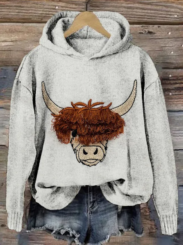 Fringed Highland Cow Embroidery Art Cozy Knit Hoodie