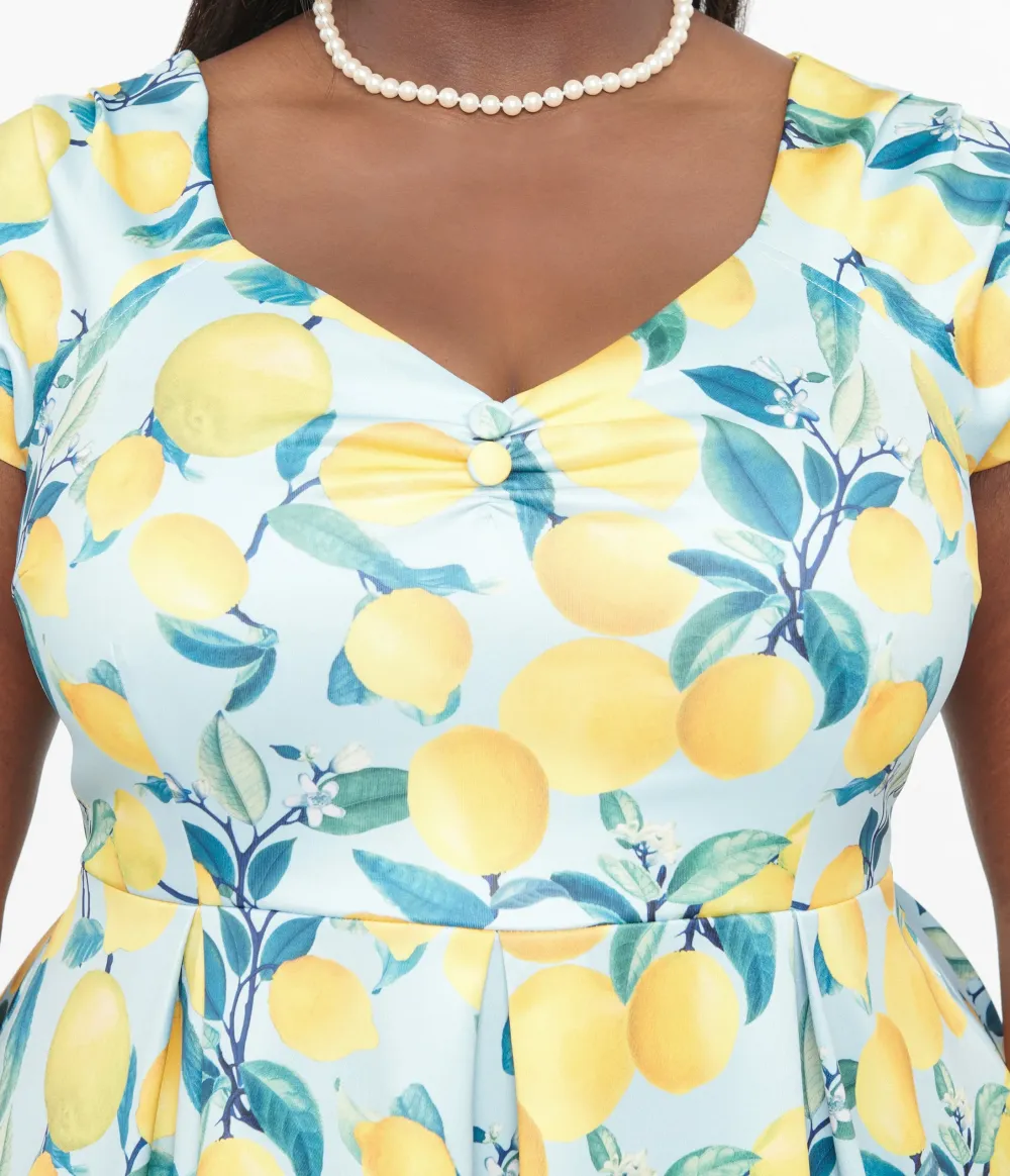 Dolly & Dotty 1950s Blue & Yellow Lemon Off The Shoulder Lily Swing Dress