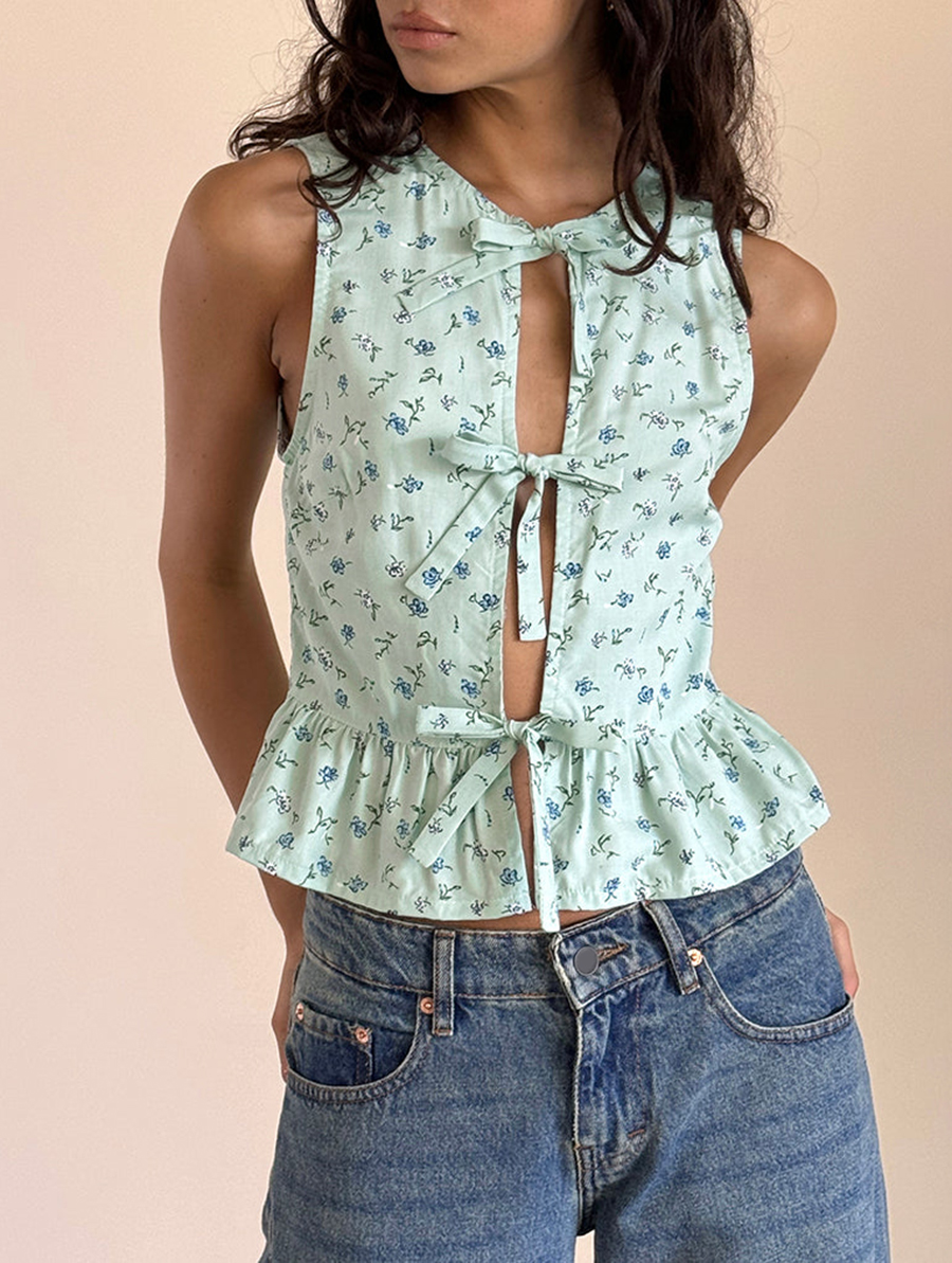 Revata Tie Front Top In Pretty Petal Green