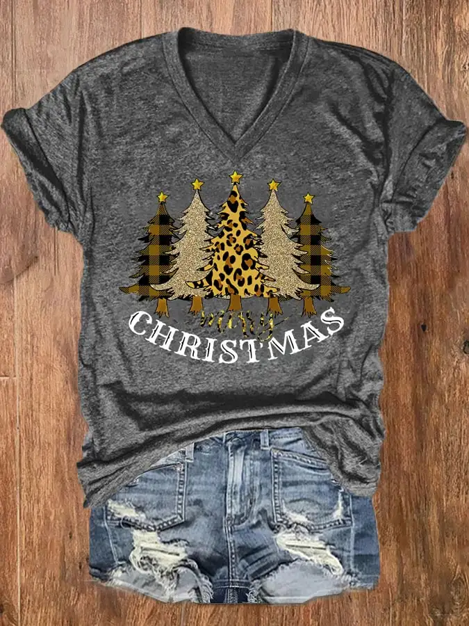 Women's Merry   Shiny Leopard   Tree V-Neck Tee