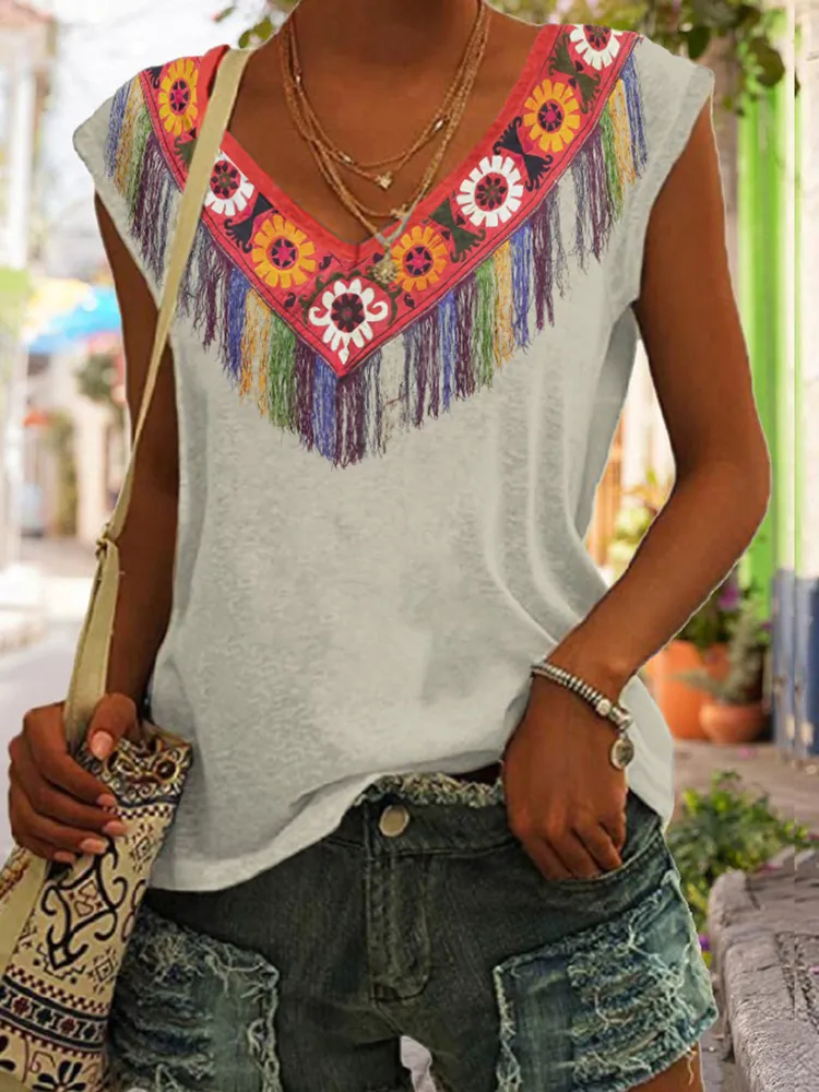 Vintage  Patchwork Floral V-Neck Tank Top