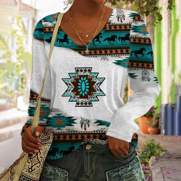 Western Print V-Neck Long Sleeve T-Shirt