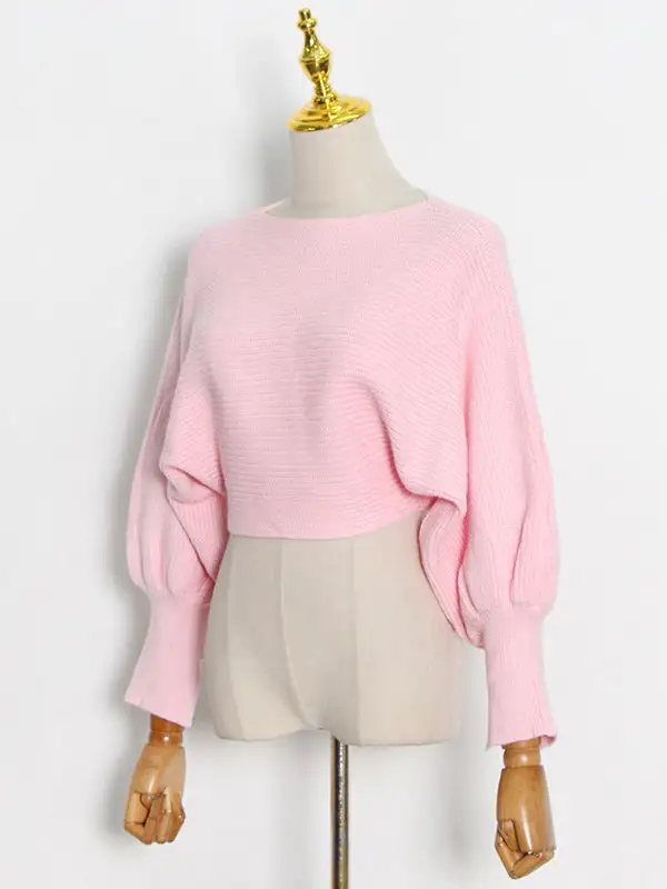 Casual Solid Color Round-Neck Bishop Sleeve Sweater Tops