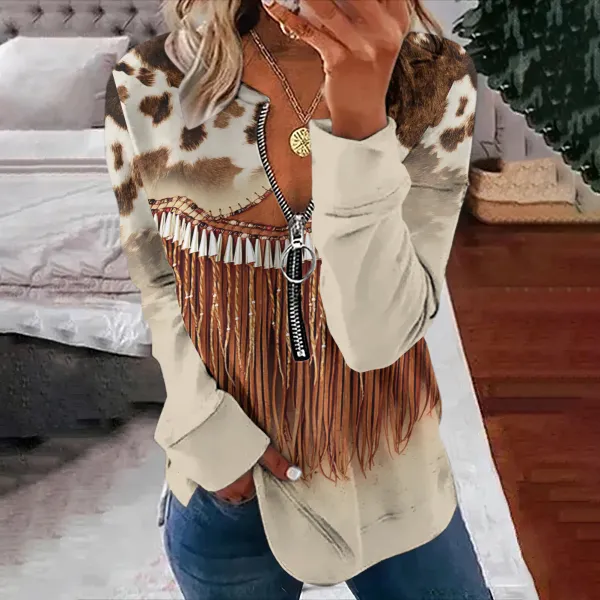 Western Tribal Tassels Leopard Printed Zip Up Sweatshirt