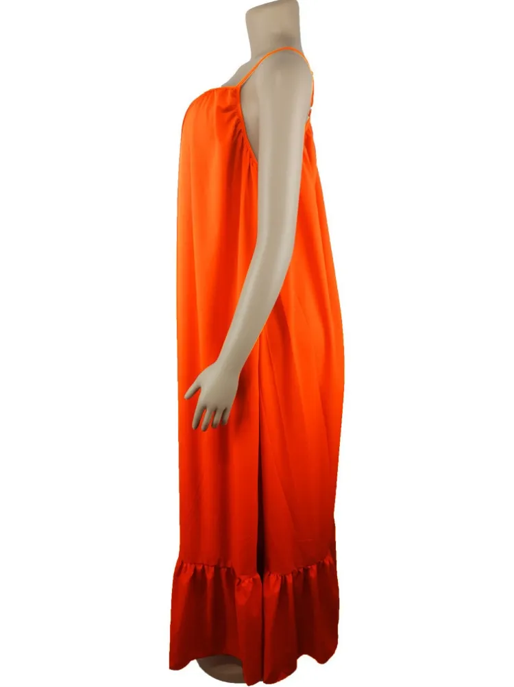 Women Summer Orange Strap Solid Color Boho Swing Long Maxi Dress