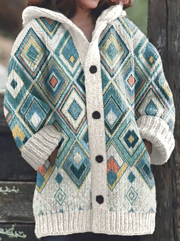 Vintage Geometric Pattern Knit Hooded Cardigan 1