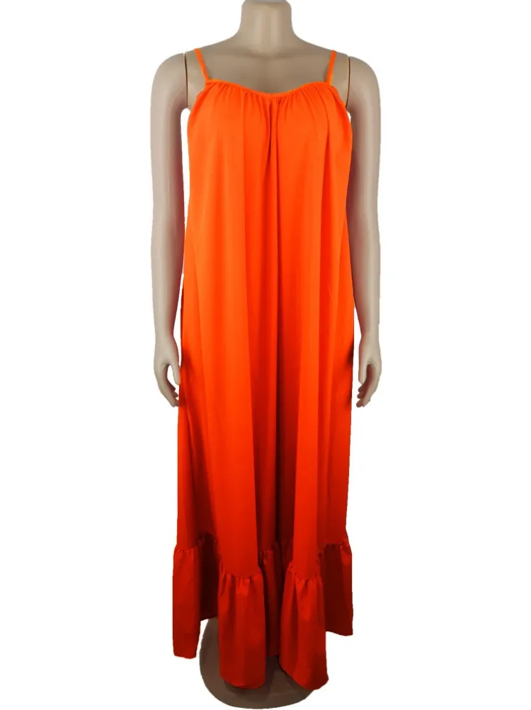 Women Summer Orange Strap Solid Color Boho Swing Long Maxi Dress