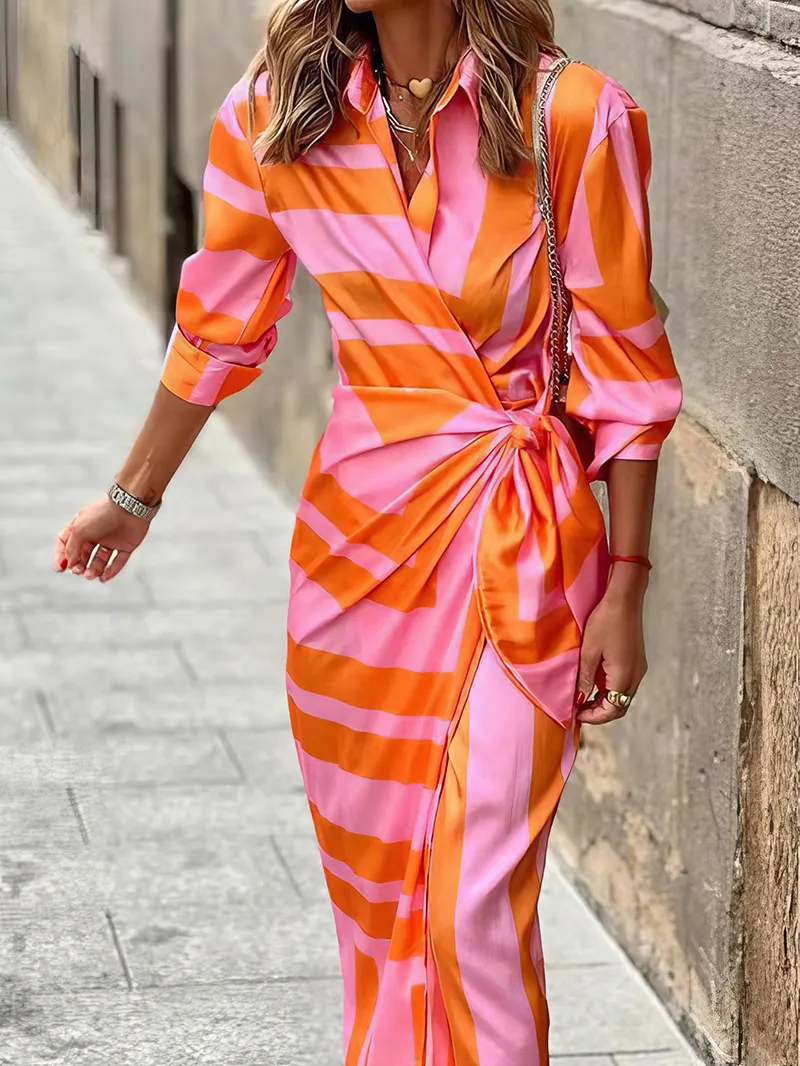 Women's Striped Print Belted Long Sleeve Dress