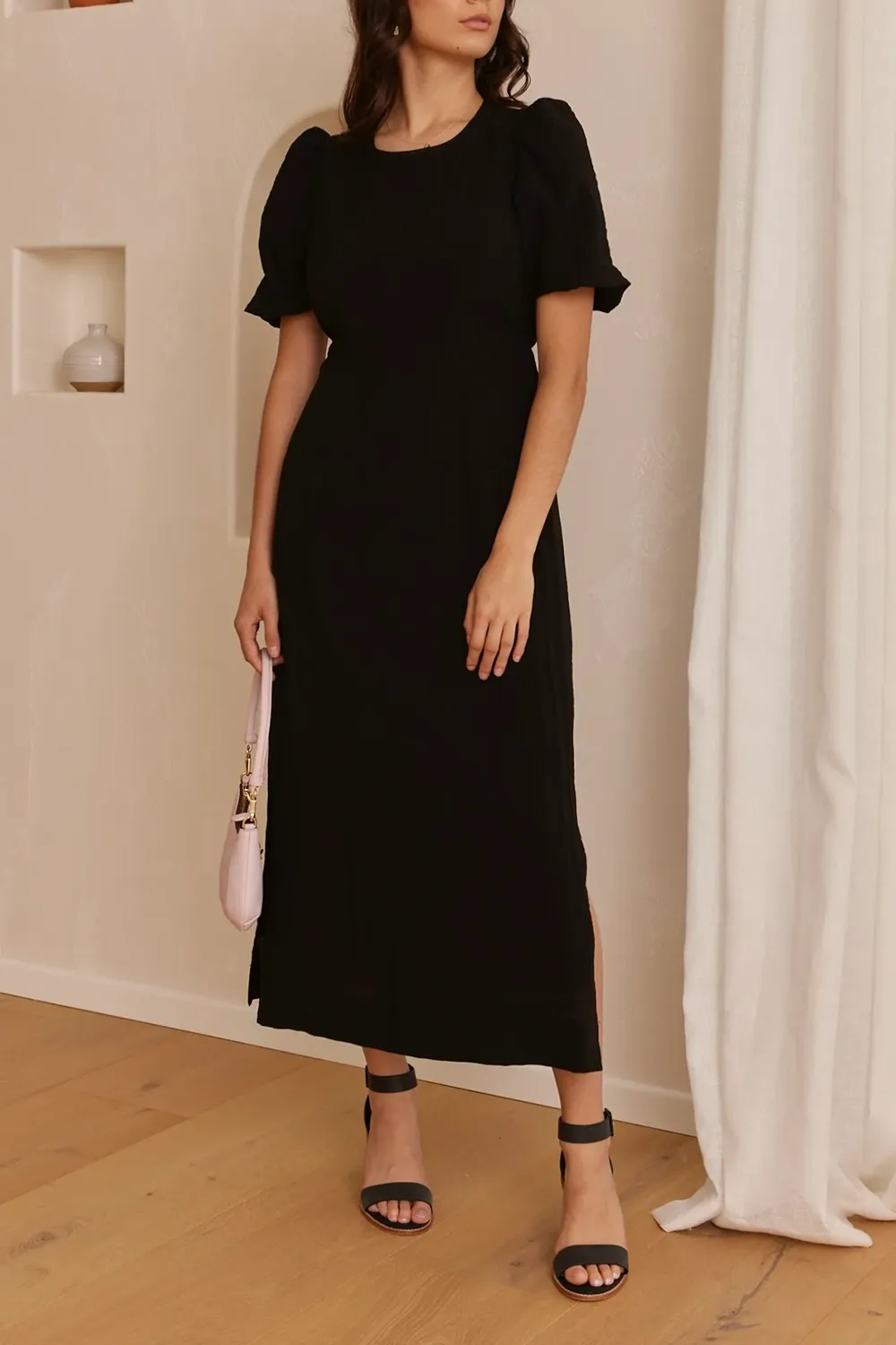 Elder Black Puff Sleeve Tie Midi Dress