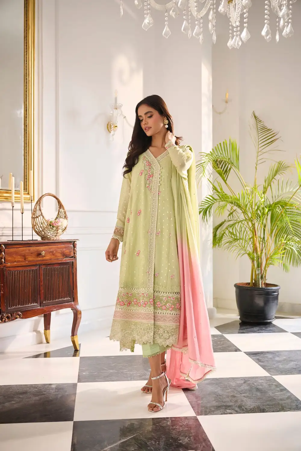 LIGHT GREEN 3PCS  EMBROIDERED KURTA WITH TROUSER