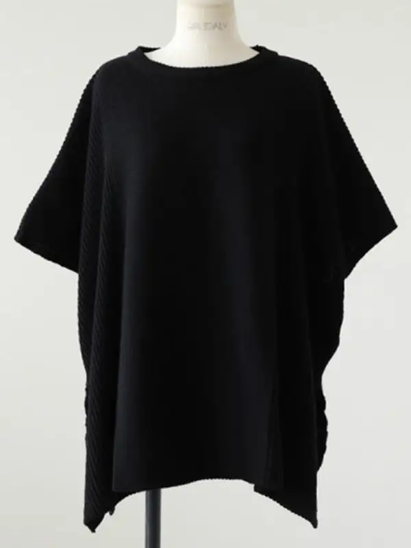 Casual Solid Color Round-Neck Half Sleeves Knitted Sweater Cape Top