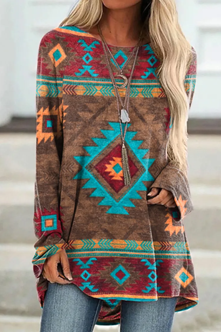 Western Print Casual Crew Neck Long Sleeve Tunic