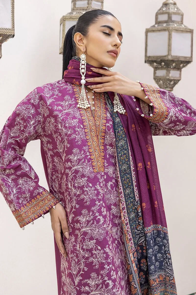 3 Piece Kurta Embroidered | Dupatta& Bottom & Tops | Color Purple