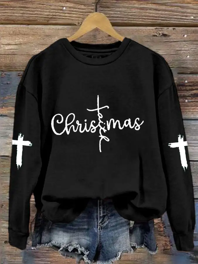 Women's Christmas Faith CRoss Print Crew Neck Sweatshirt