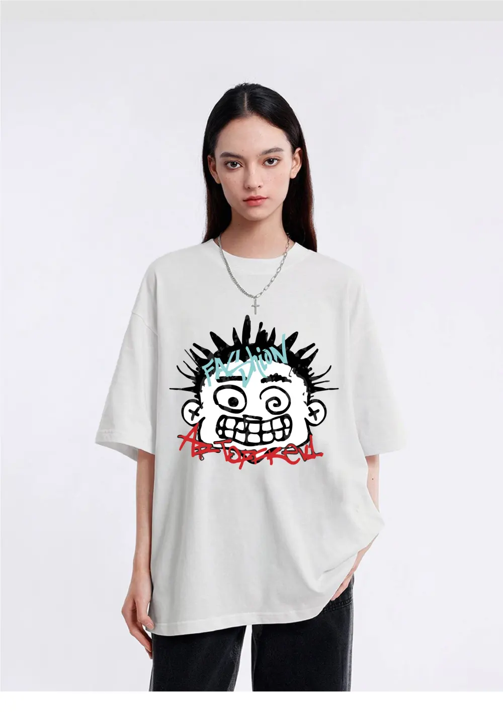 Women's cartoon printed shoulder down T-shirt