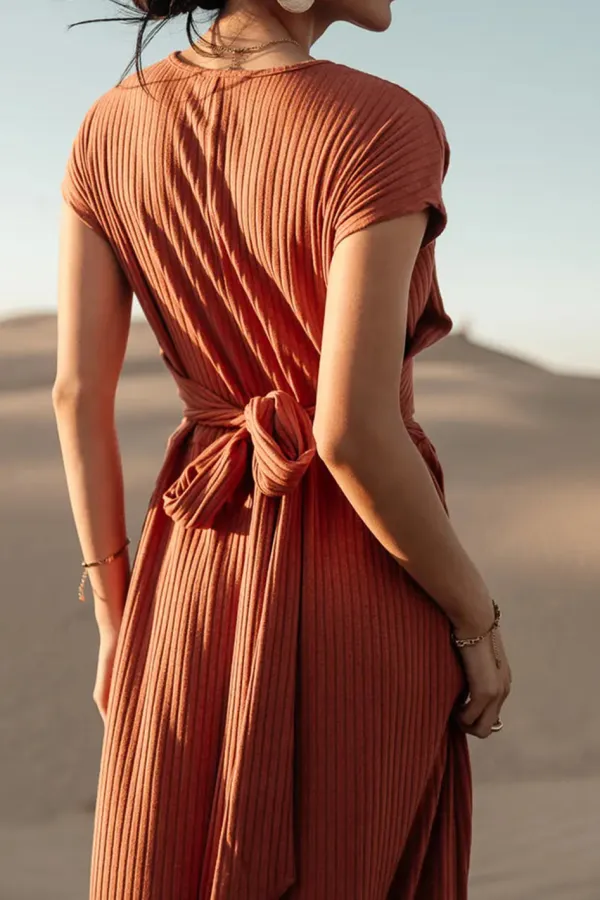 VAEDA RIBBED TIE DRESS IN RUST