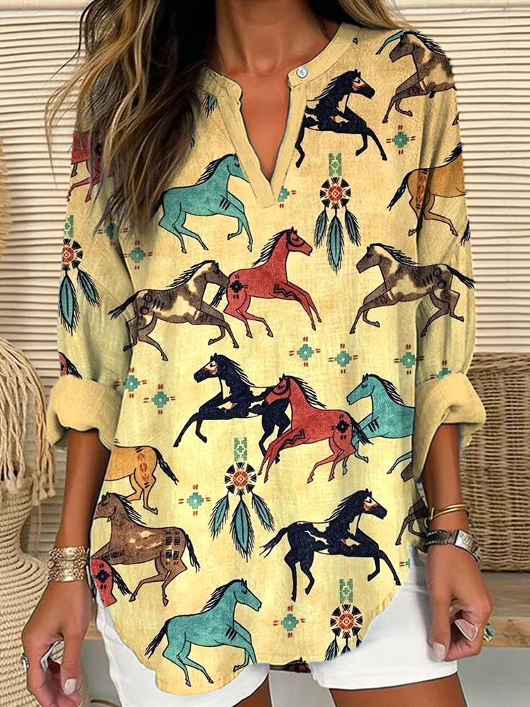 Western Horse Print Linen Blend V-Neck Shirt