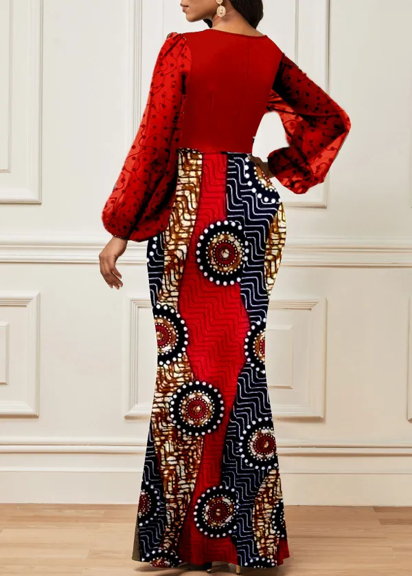 Tribal Print Lace Red Long Sleeve Maxi Bodycon Dress