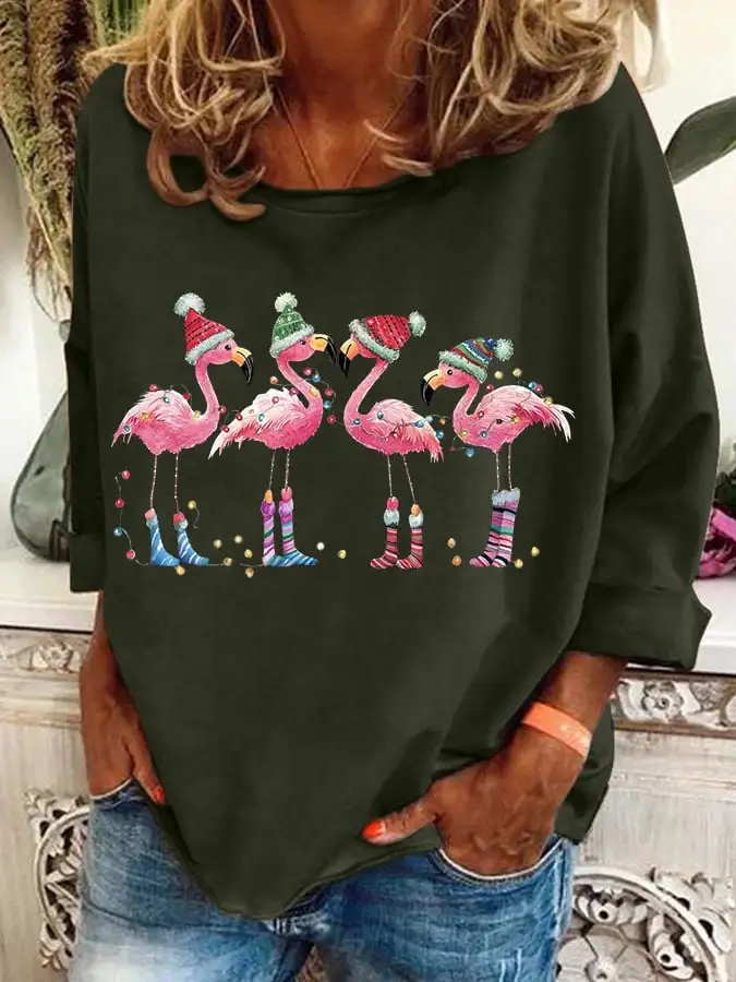 Women's Christmas Flamingo Holiday Print Casual Sweatshirt