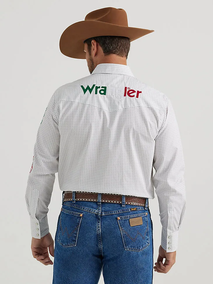 WRANGLER® LOGO MEXICO LONG SLEEVE WESTERN SNAP SHIRT IN PRINTED WHITE