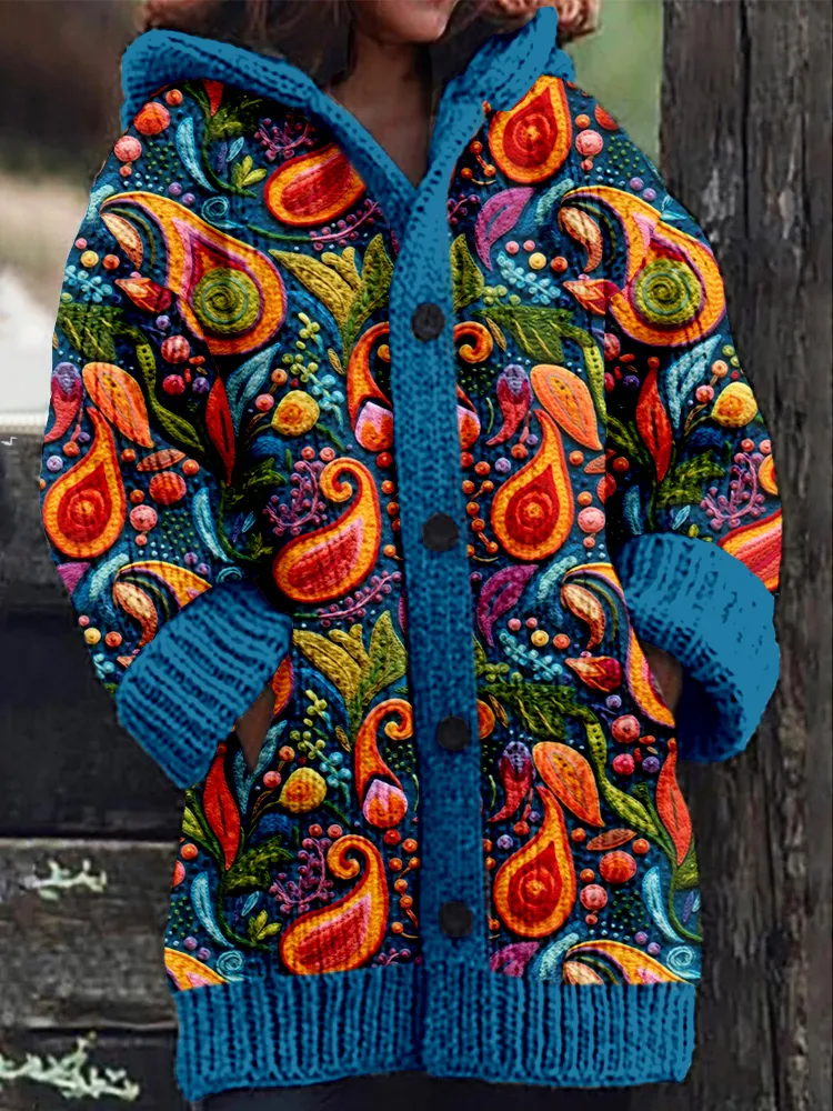 Colorful Paisley Embroidery Pattern Cozy Hooded Cardigan