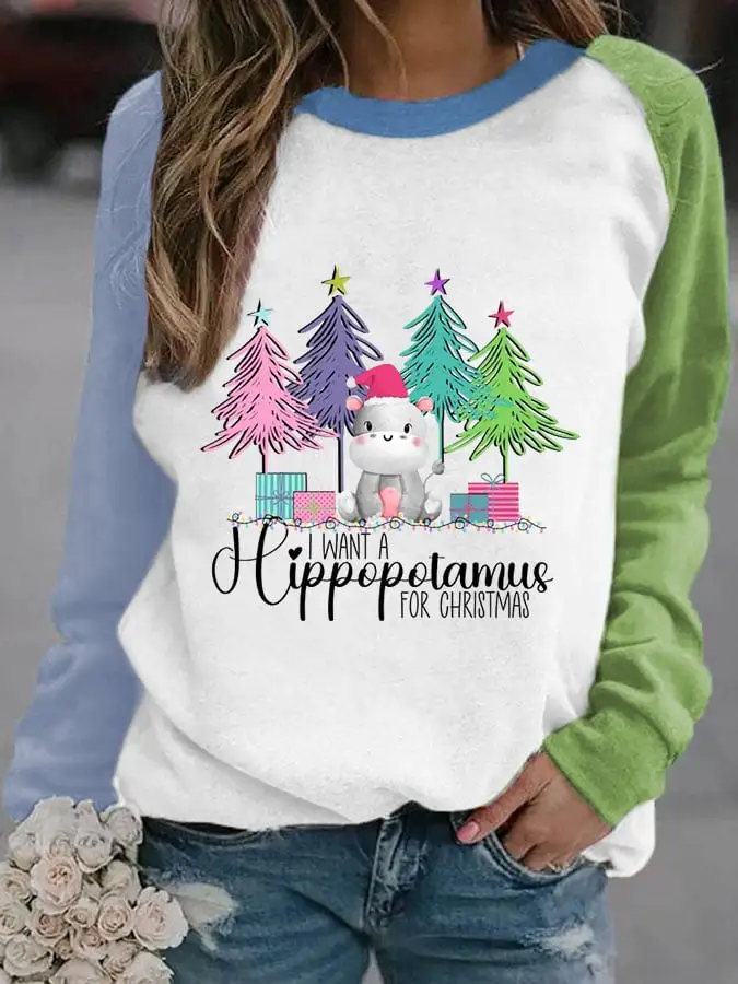 I Want A Hippopotamus For Christma  Printed Long Sleeve Sweatshirt