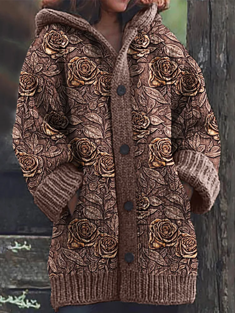 Roses Western Leather Art Pattern Cozy Hooded Cardigan