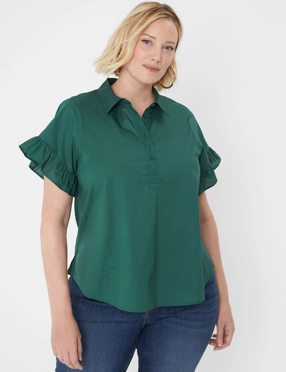 Ruffle-Sleeve Button-Down Top