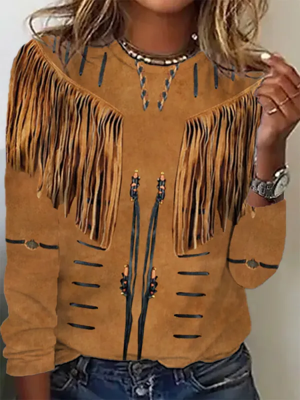 Leather Fringe Western Women's Fashion Sweatshirt