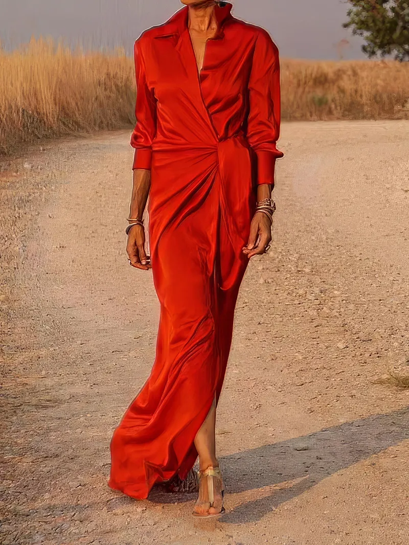 Tie High Waist Long Sleeve Slit Dress