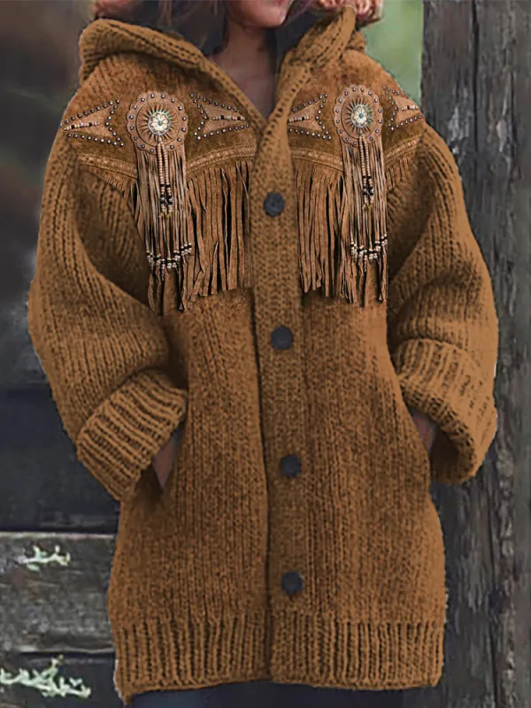 Western Turquoise Beaded Tassels Cozy Hooded Cardigan