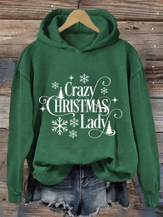 Women's Crazy Christmas Lady Print Casual Hooded Sweatshirt