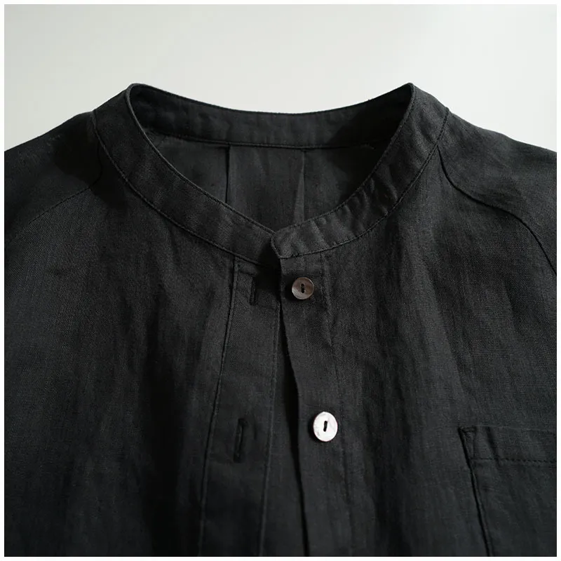 Stand collar 3/4 sleeve cotton linen shirt