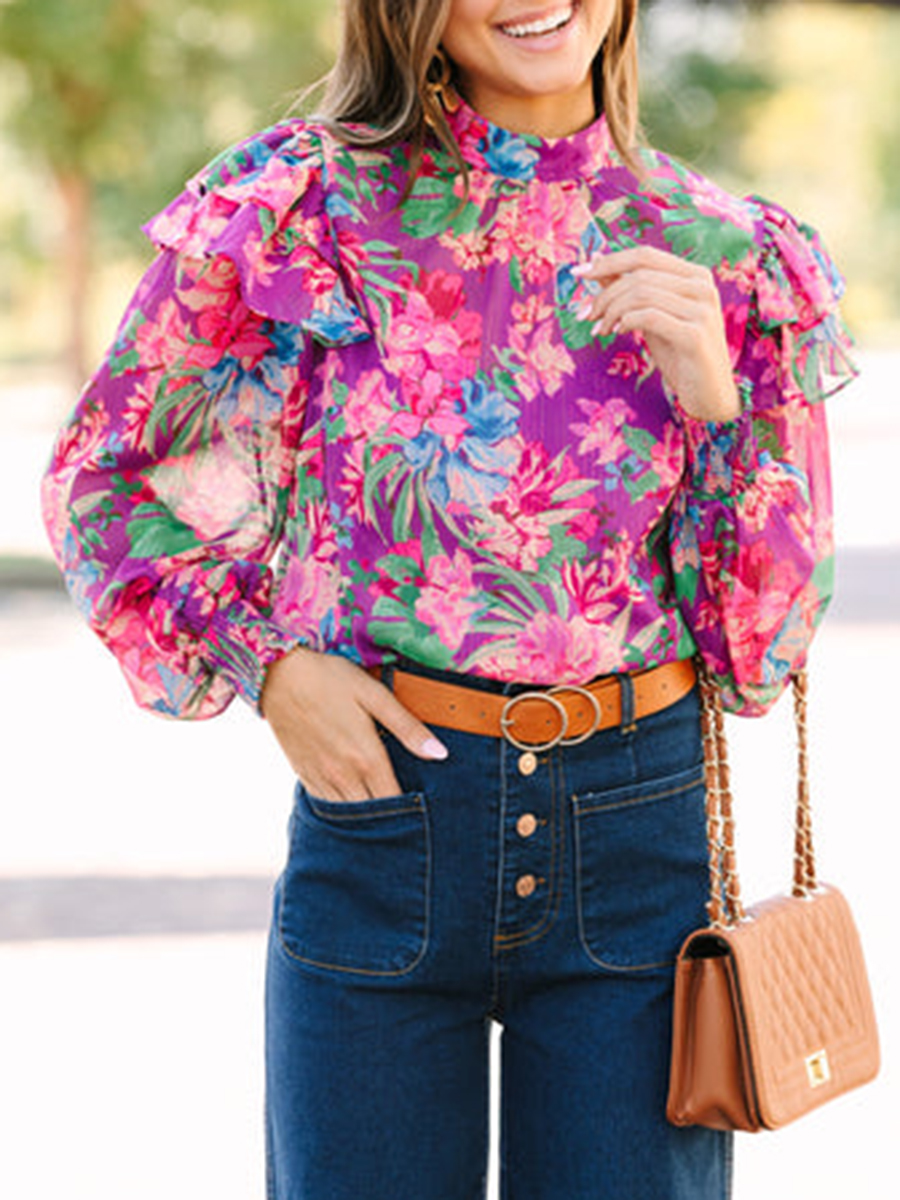 Half Stand Neck Purple Floral Blouse