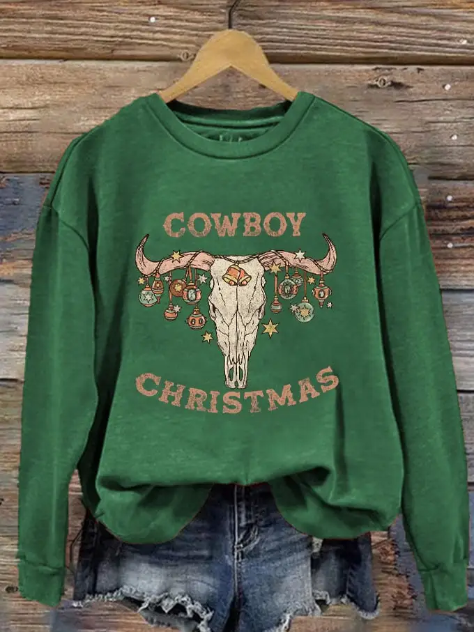 Women's Cowboy Christmas Bull Head Printed Sweatshirt