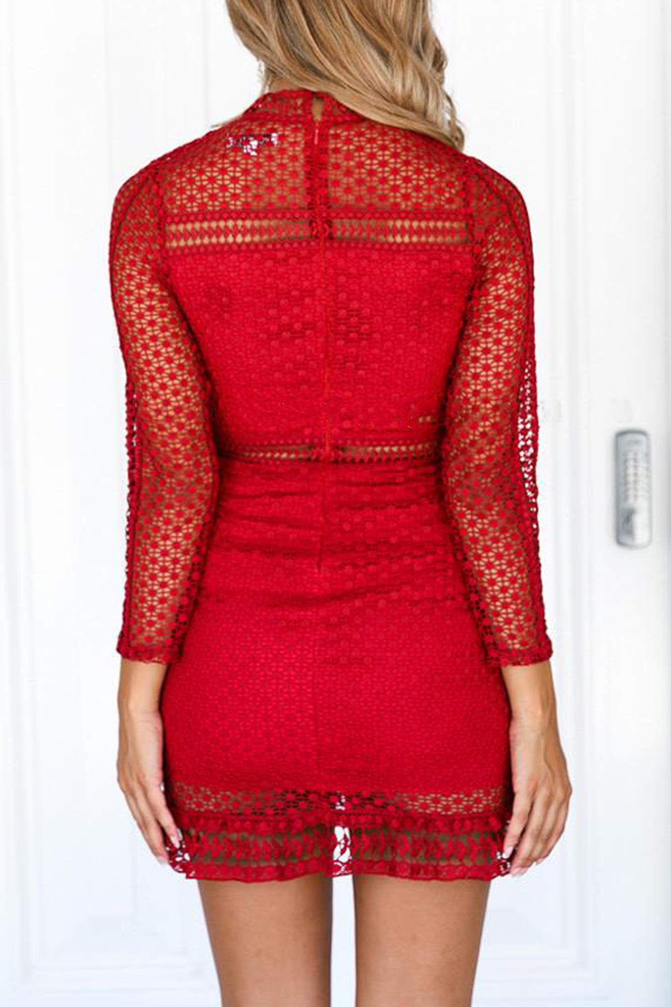 Red Long Sleeve Sheer Lace Mini Dress With Frilly Hem