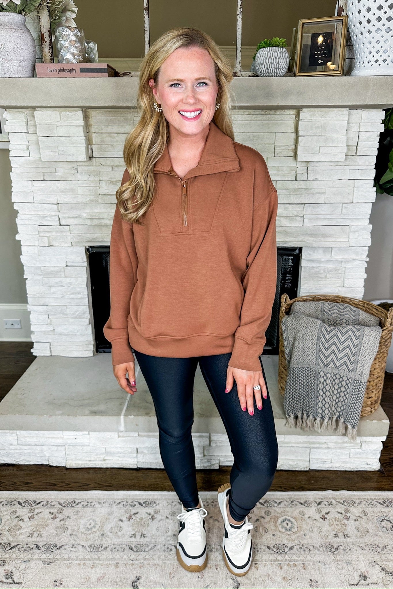 Buttery Soft Rust Collared Half Zip Kangaroo Pocket Pullover